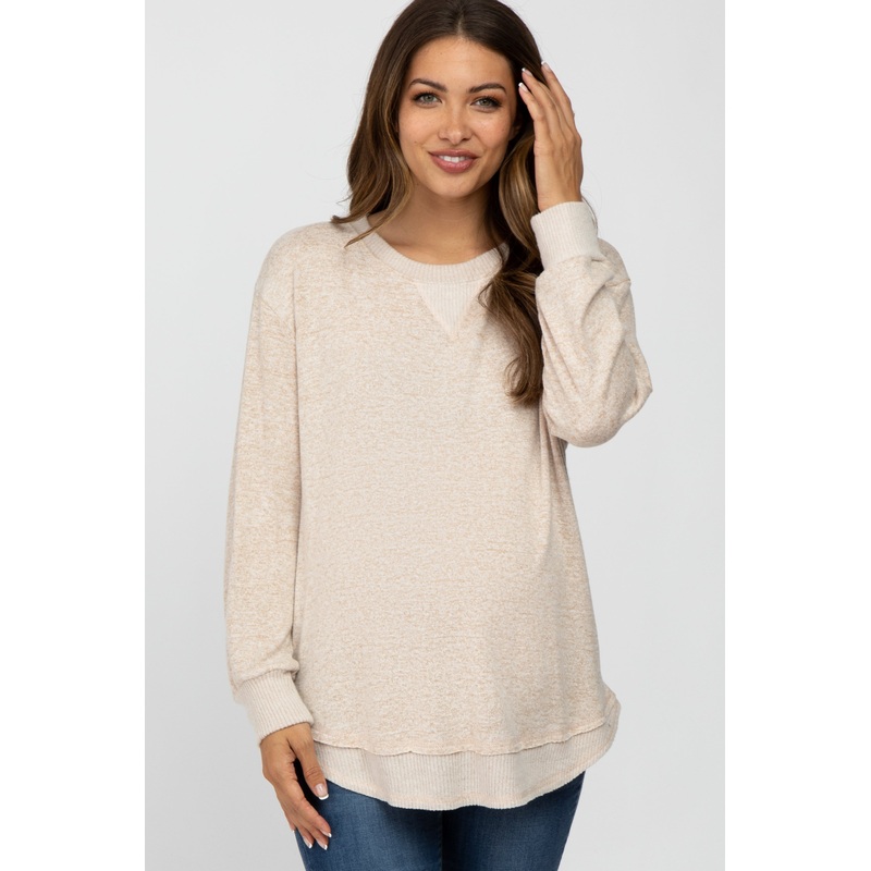 Beige Brushed Knit Rib Contrast Maternity Top