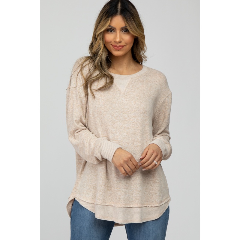 Beige Brushed Knit Rib Contrast Top