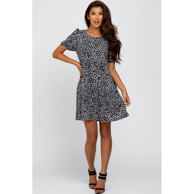 Black Animal Print Puff Sleeve Dress