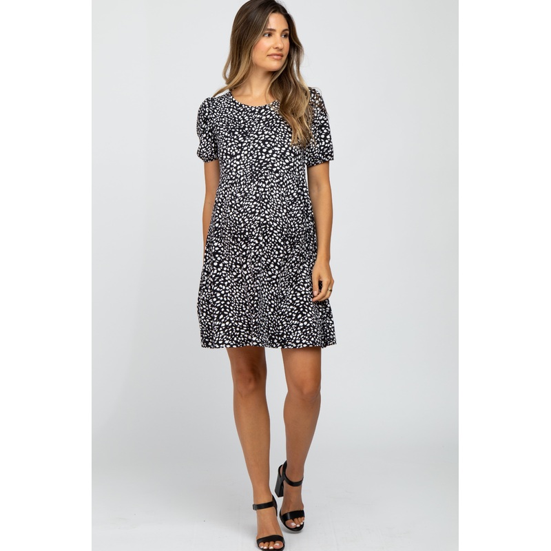 Black Animal Print Puff Sleeve Maternity Dress
