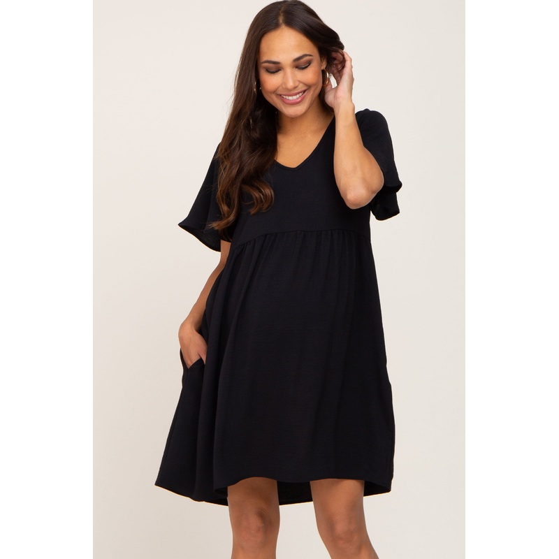 Black Basic V-Neck Maternity Dress