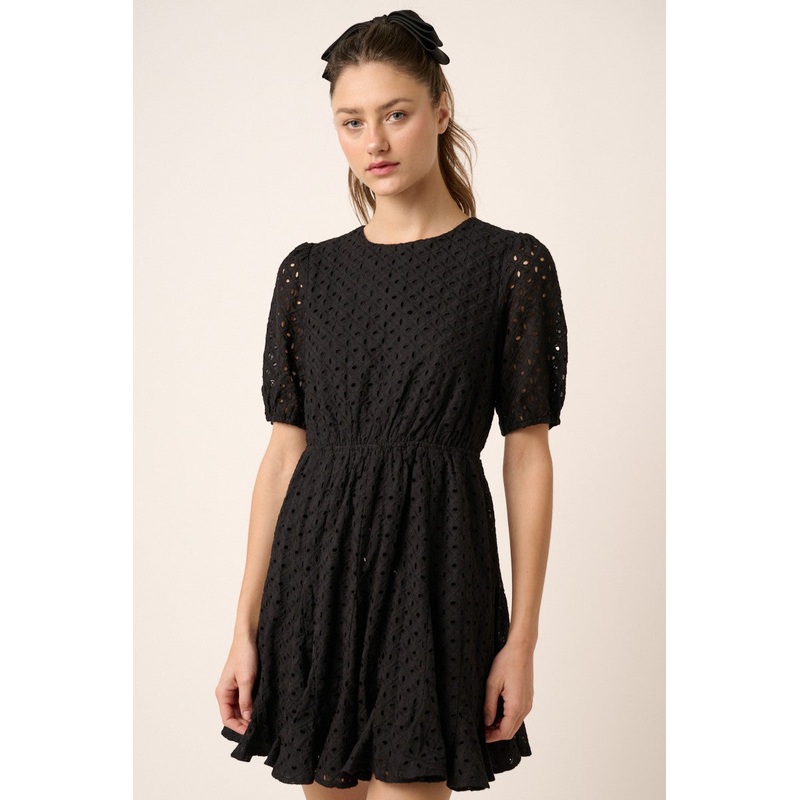 Black Eyelet Detail Mini Dress