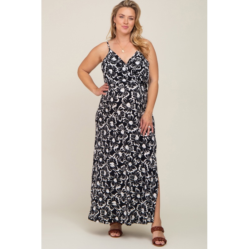 Black Floral Side Slit Maternity Plus Maxi Dress