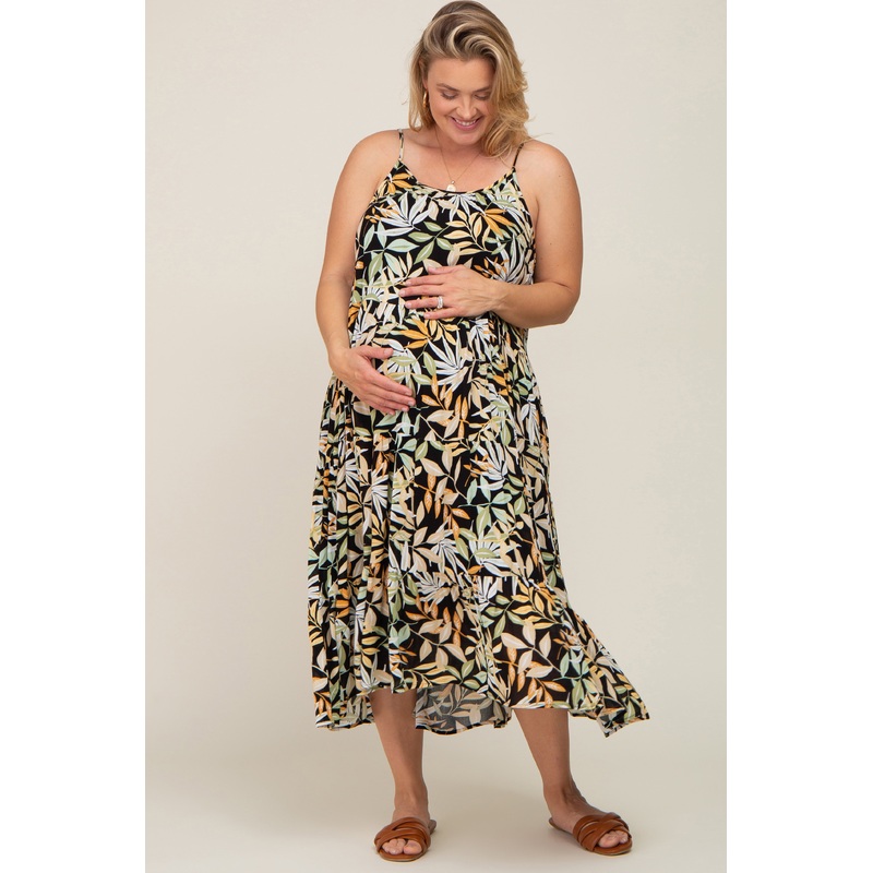 Black Leaf Print Tiered Maternity Plus Midi Dress
