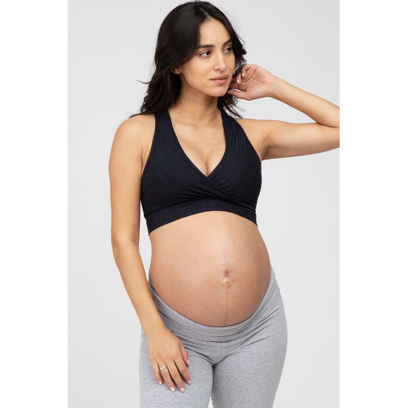 Black Ribbed Crossover Maternity Sports Bra