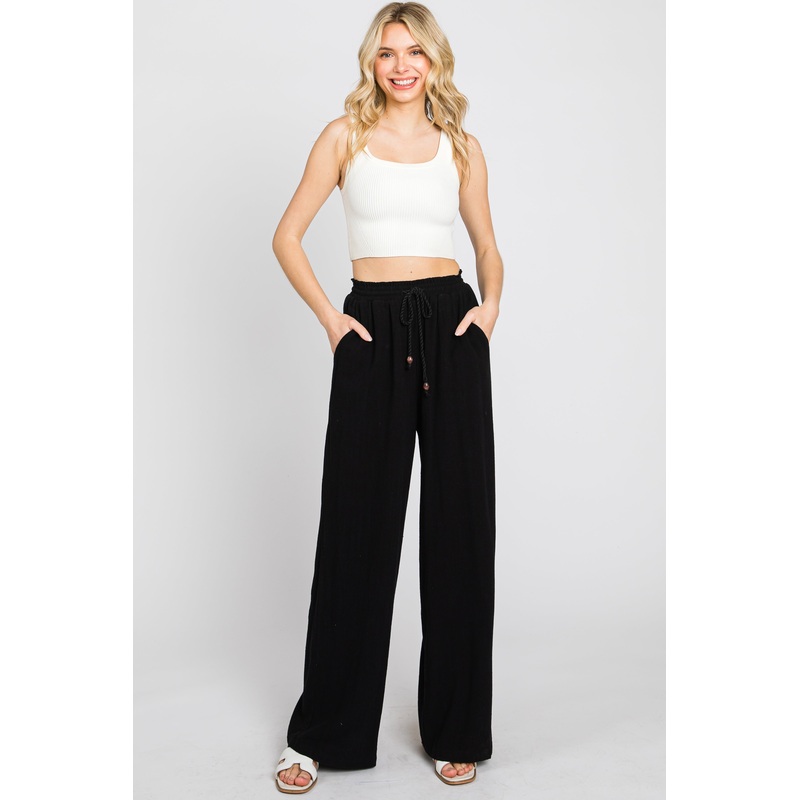 Black Smocked Waist Wide Leg Pants