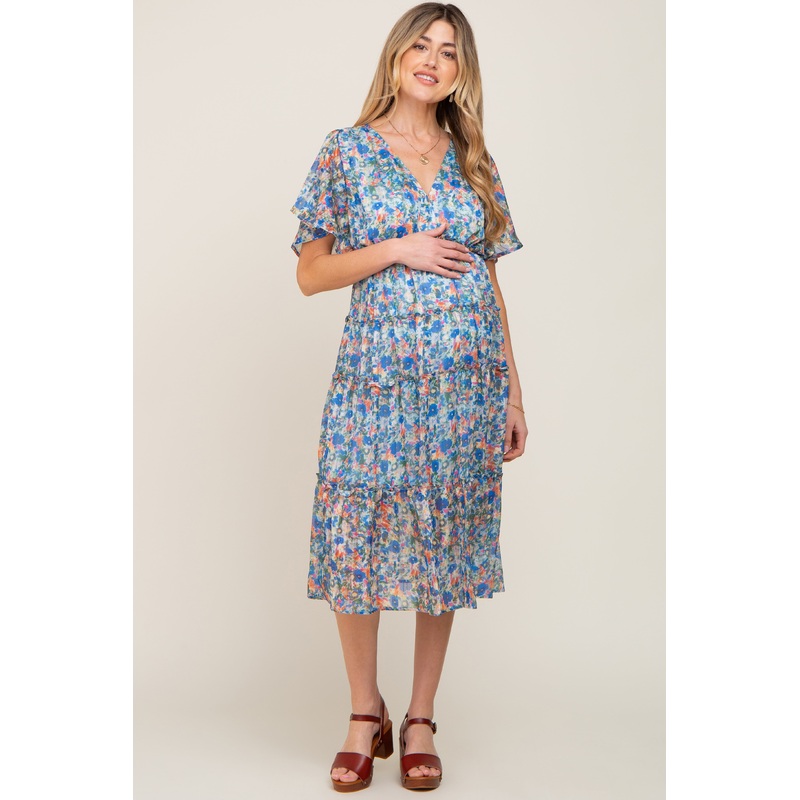 Blue Floral Metallic Striped Chiffon Ruffle Tiered Maternity Midi Dress