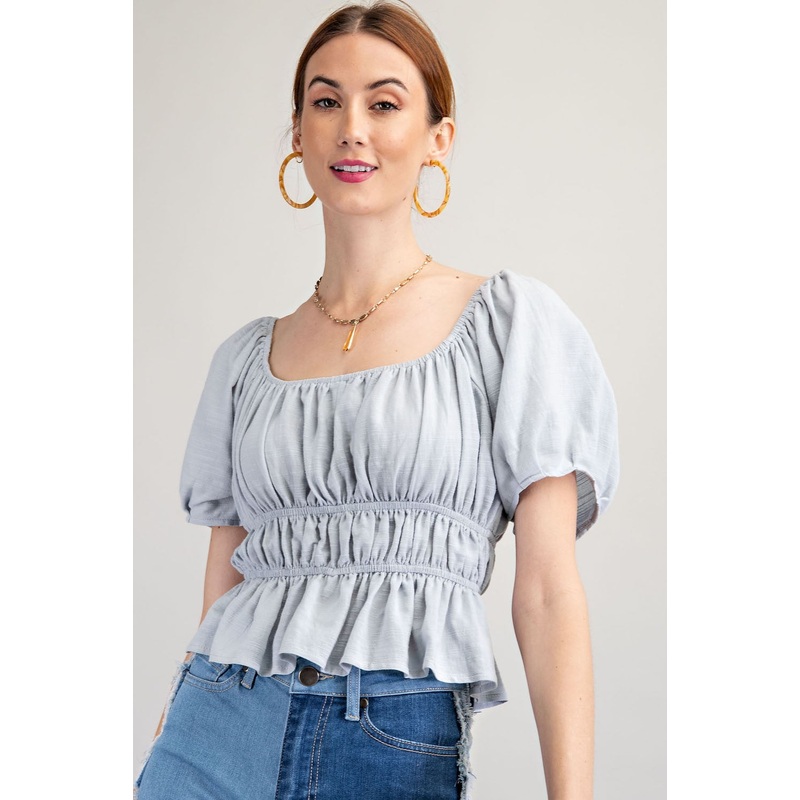 Blue Textured Poly Linen Peplum Top