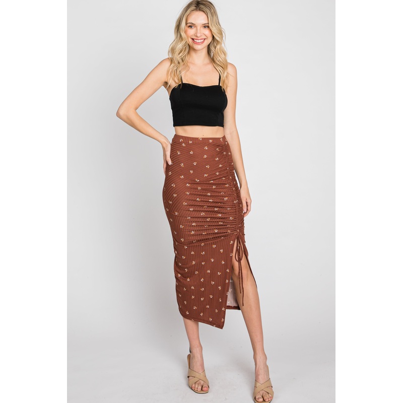 Brown Ditsy Floral Ruched Side Slit Skirt