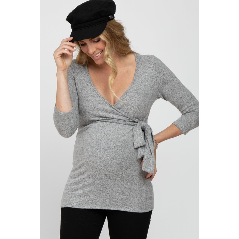 Heather Grey Brushed Knit Maternity/Nursing Wrap Top