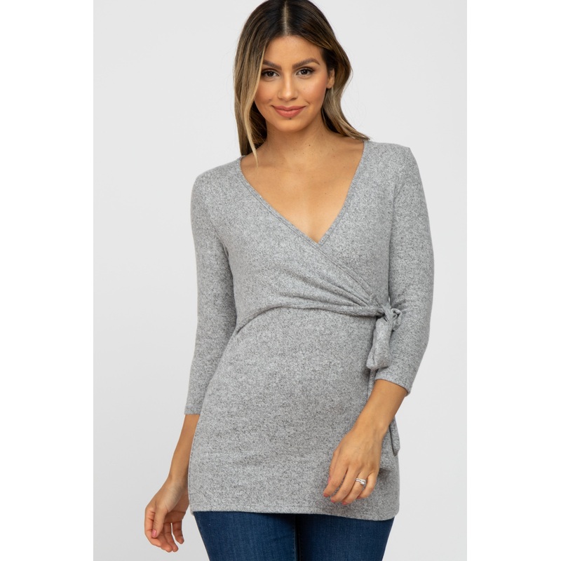 Heather Grey Brushed Knit Wrap Nursing Top