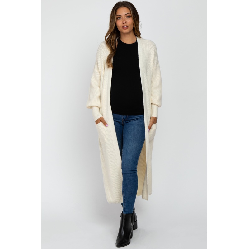 Ivory Bubble Sleeve Long Maternity Cardigan