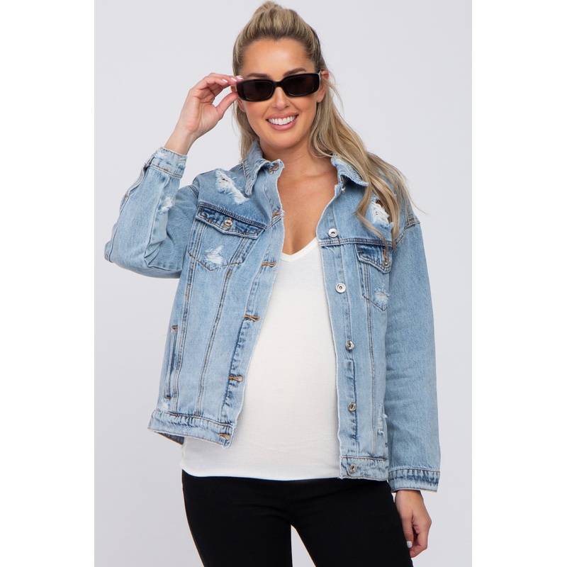 Light Blue Distressed Denim Maternity Jacket
