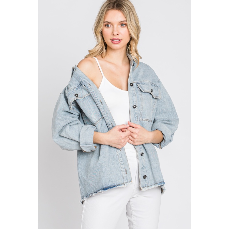 Light Blue Front Pocket Slightly Distressed Shacket