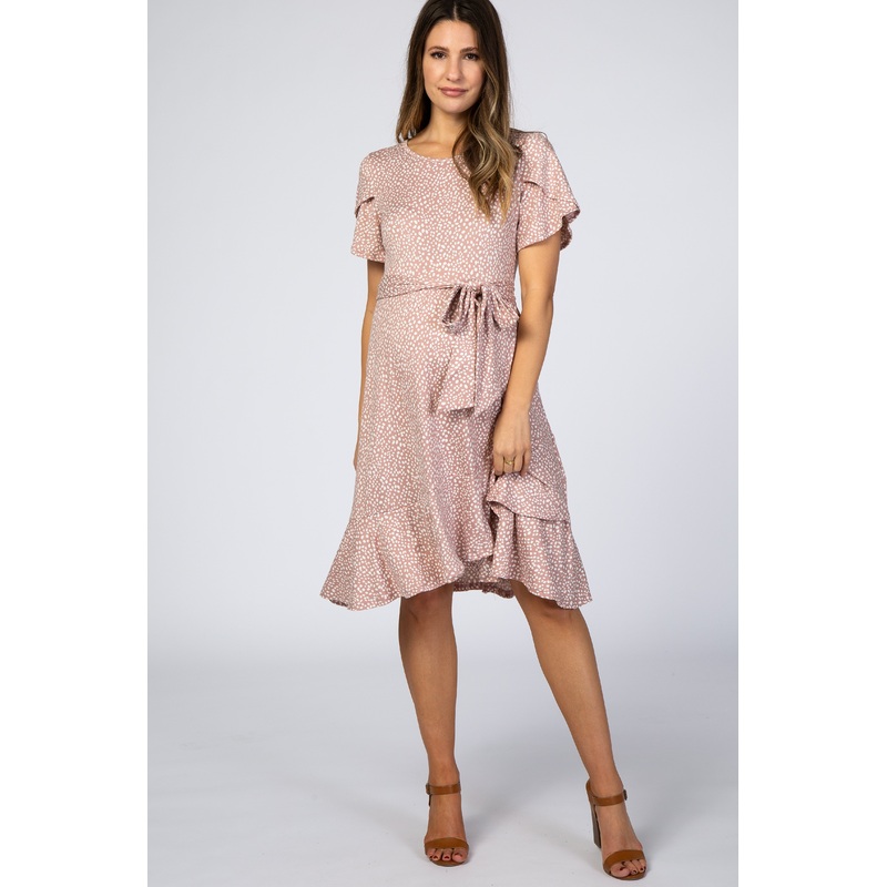 Mauve Polka Dot Ruffle Maternity Dress