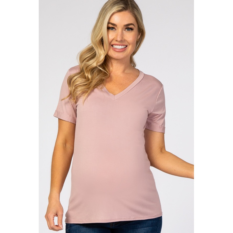 Mauve V-Neck Cuff Sleeve Maternity Top
