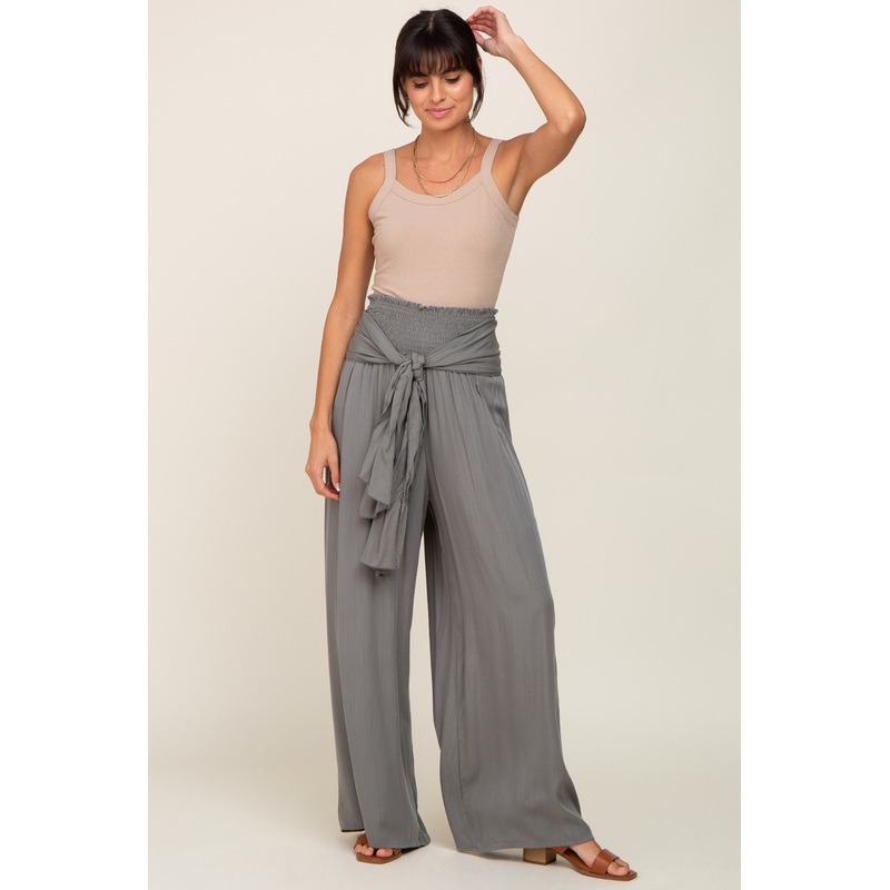 Olive High Waist Tie Front Wide Pants