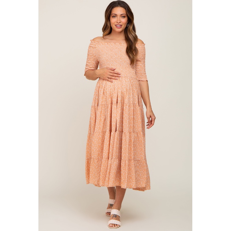 Peach Ditsy Smocked Tiered Off Shoulder Maternity Midi Dress