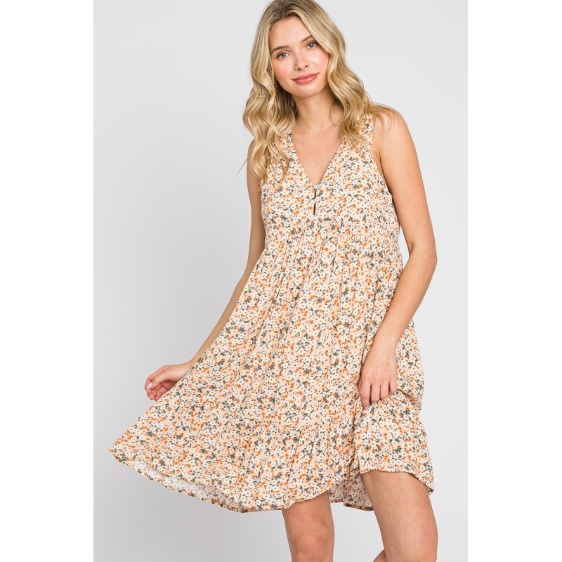 Peach Floral Button Front Sleeveless Babydoll Dress