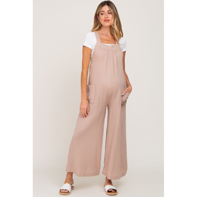 Taupe Wide Leg Tie Back Maternity Overalls