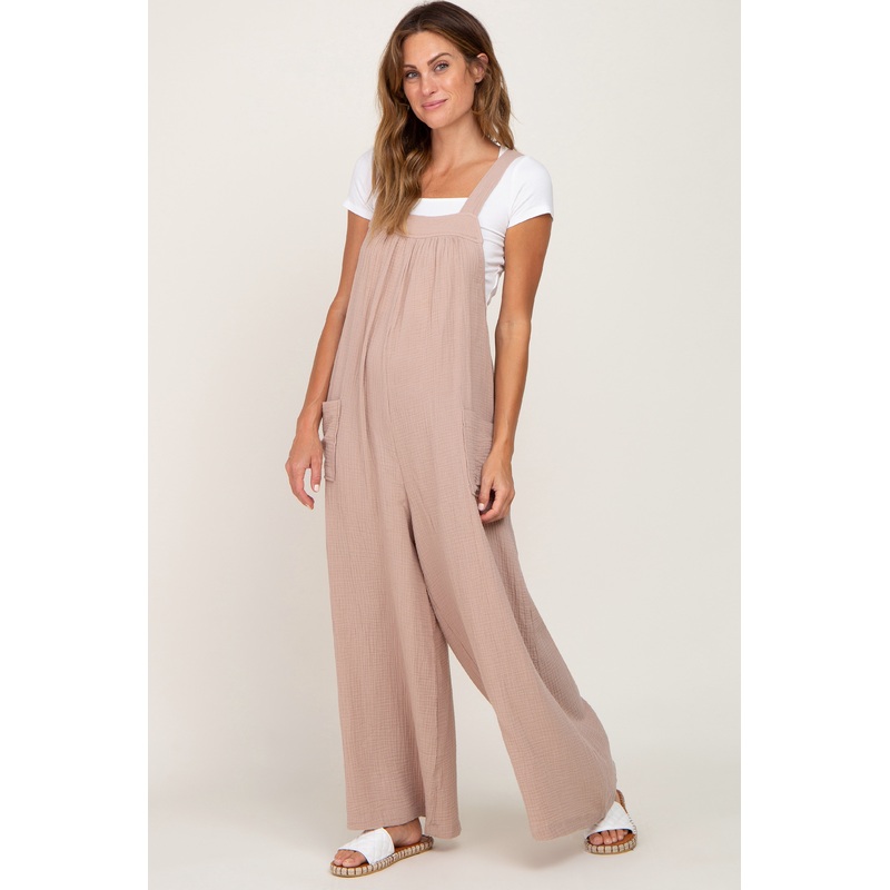 Taupe Wide Leg Tie Back Overalls