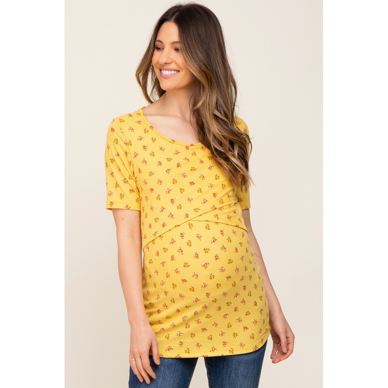 Yellow Floral Ribbed Wrap Front Maternity/Nursing Top
