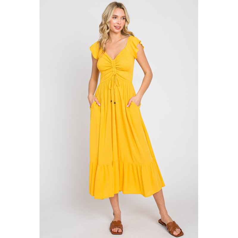 Yellow Smocked Ruched Ruffle Hem Maxi Dress