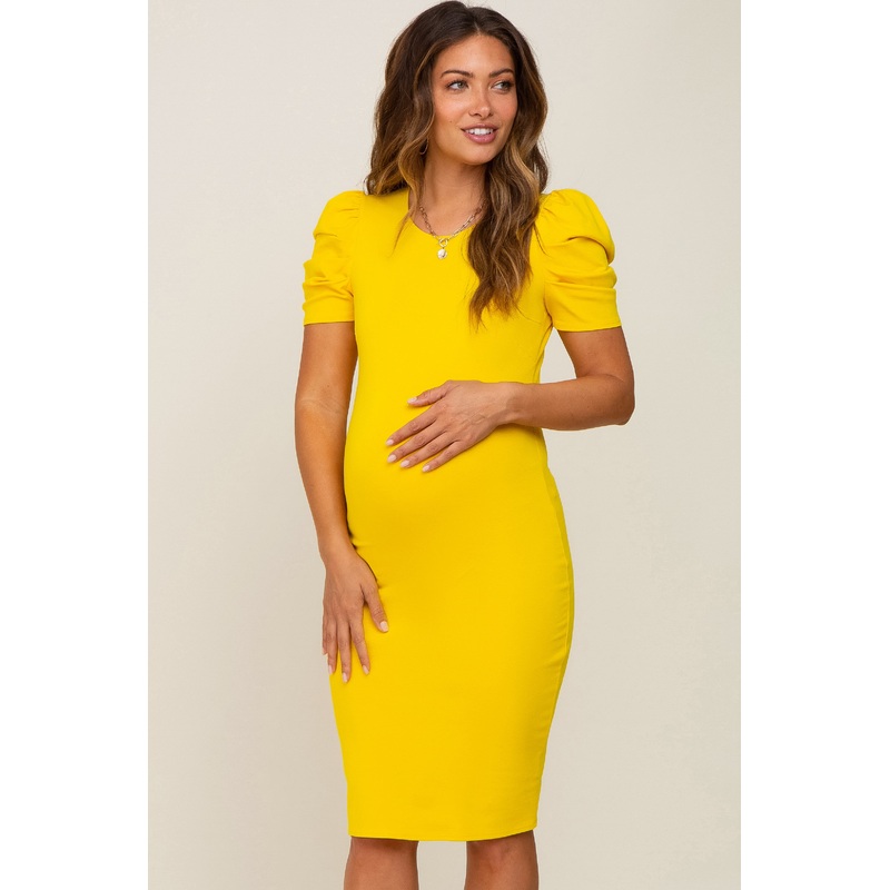 Yellow Solid Puff Sleeve Maternity Dress