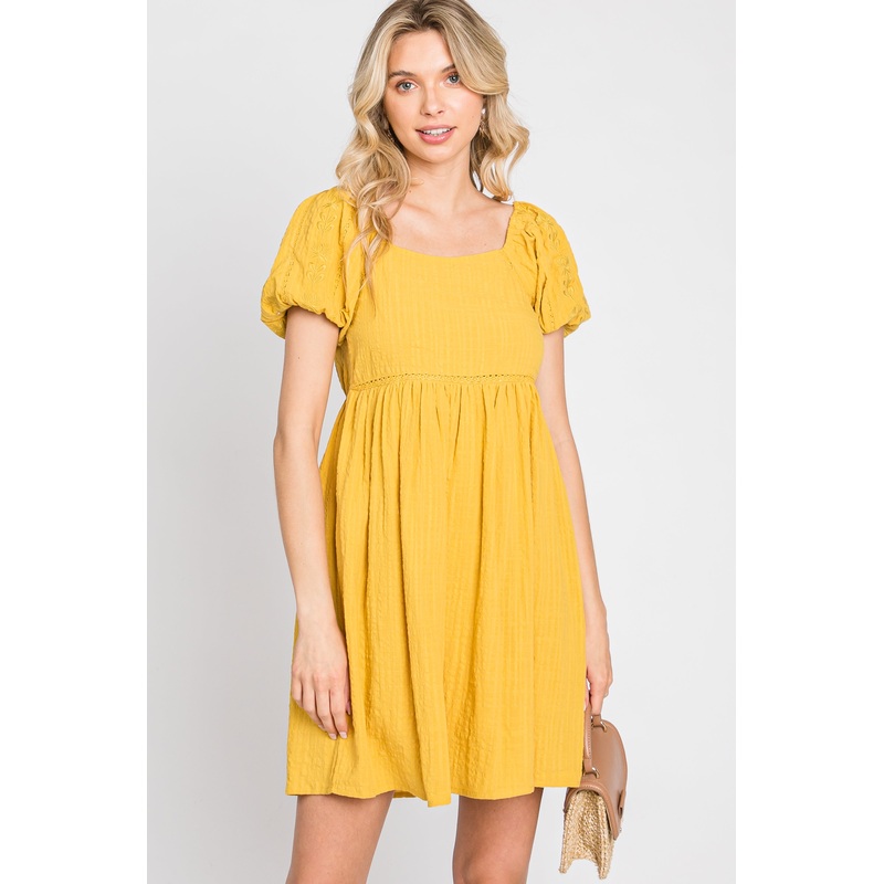 Yellow Textured Puff Sleeve Dress