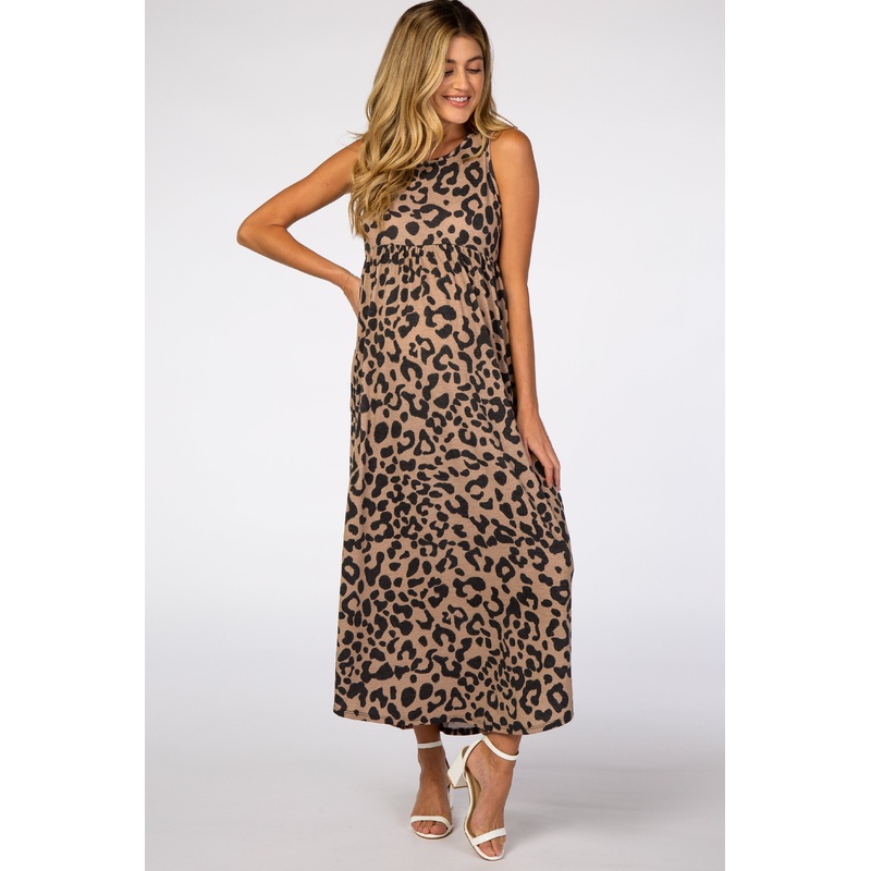 Beige Animal Print Babydoll Sleeveless Maternity Maxi Dress