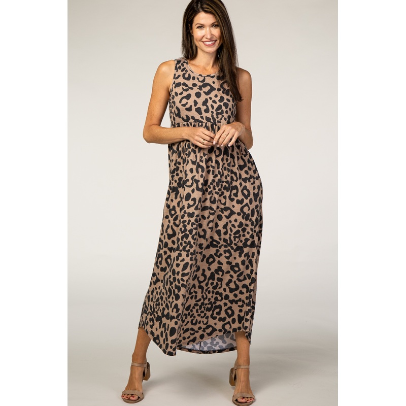 Beige Animal Print Babydoll Sleeveless Maxi Dress