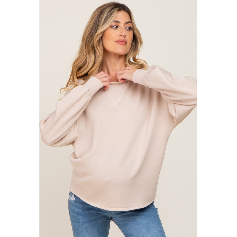 Beige Long Sleeve Brush Knit Maternity Top