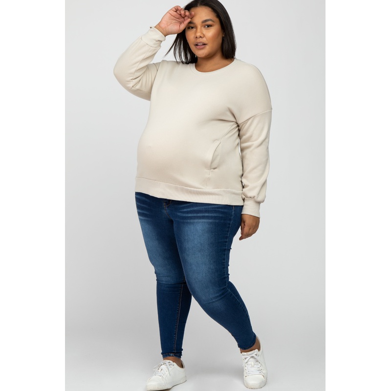 Beige Pocketed Plus Maternity Sweatshirt