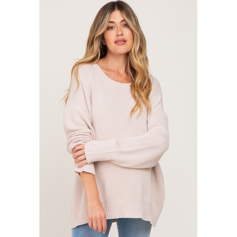 Beige Ribbed Trim Maternity Sweater