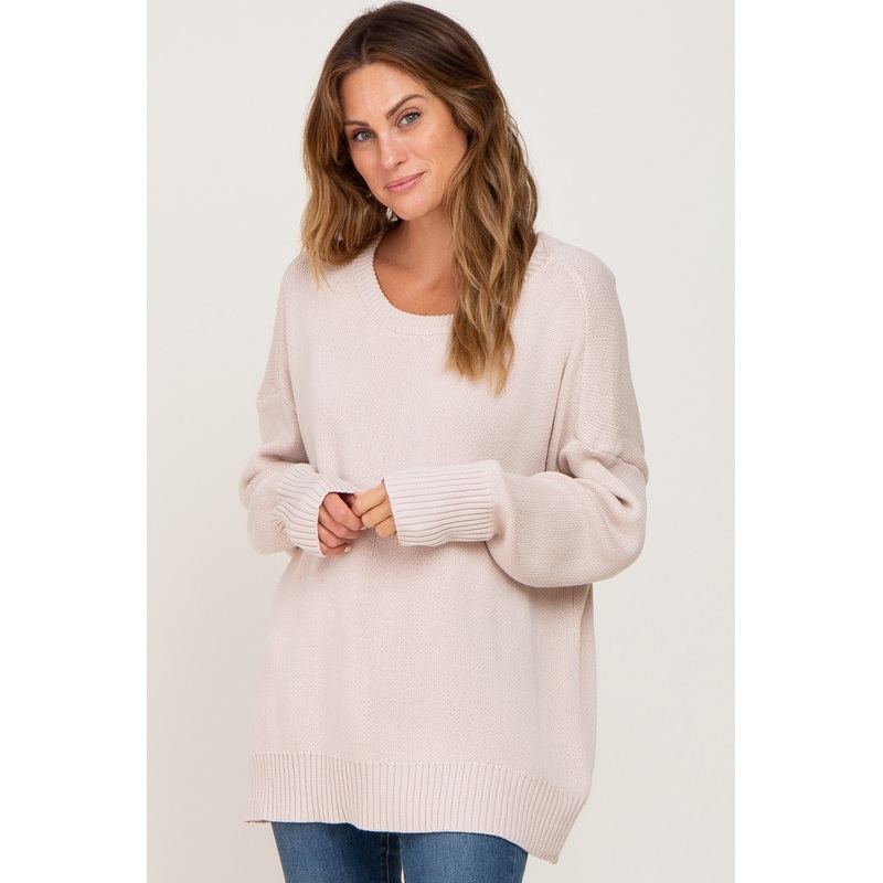 Beige Ribbed Trim Sweater