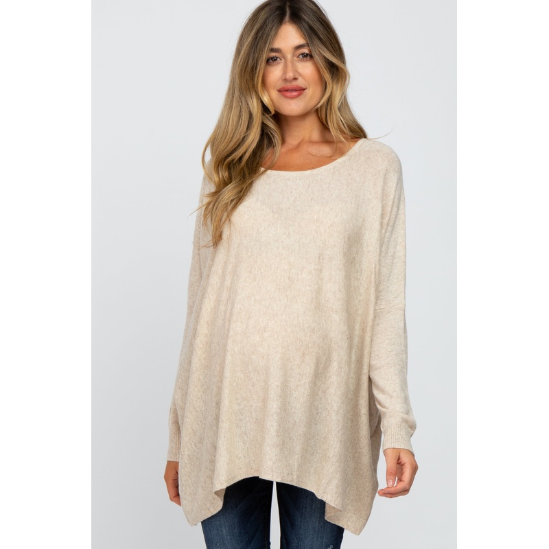 Beige Soft Knit Dolman Sleeve Maternity Sweater