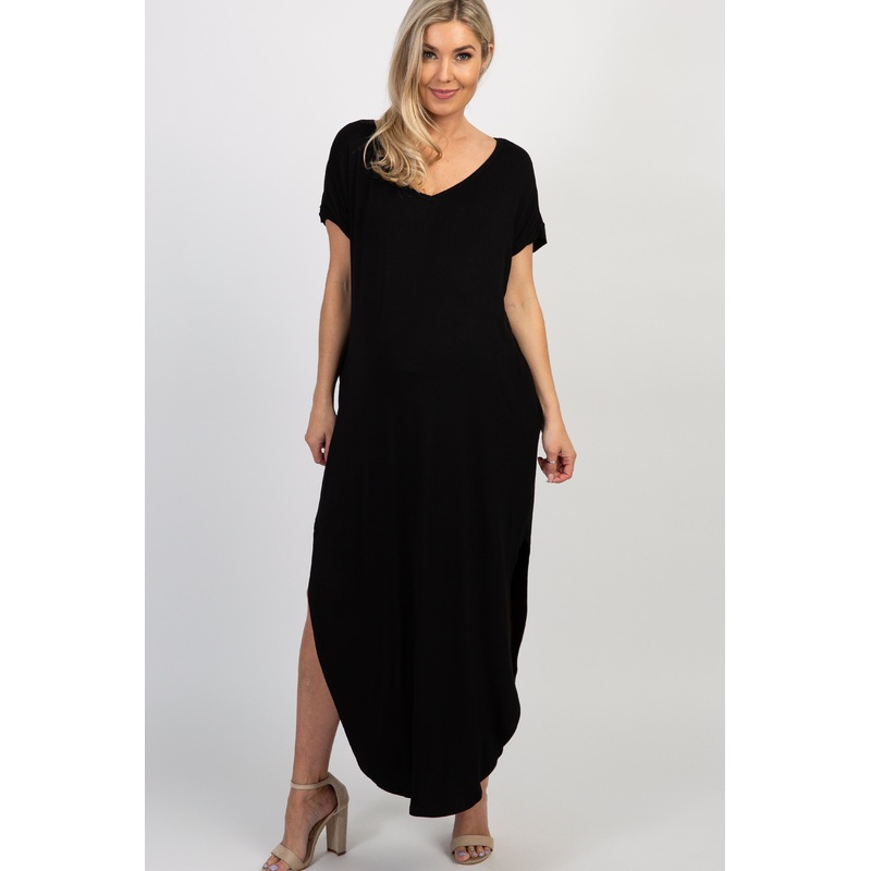 Black Basic V Neck Maternity Maxi Dress