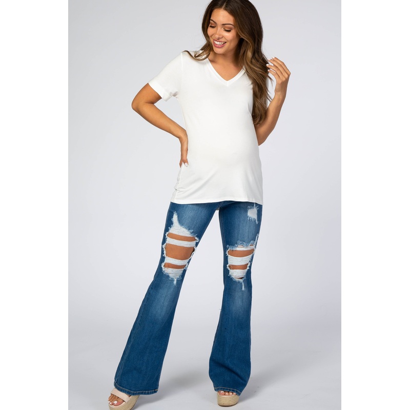 Blue Distressed Maternity Flare Jeans