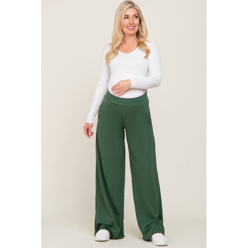 Forest Green Wide Leg Fray Hem Maternity Sweatpants