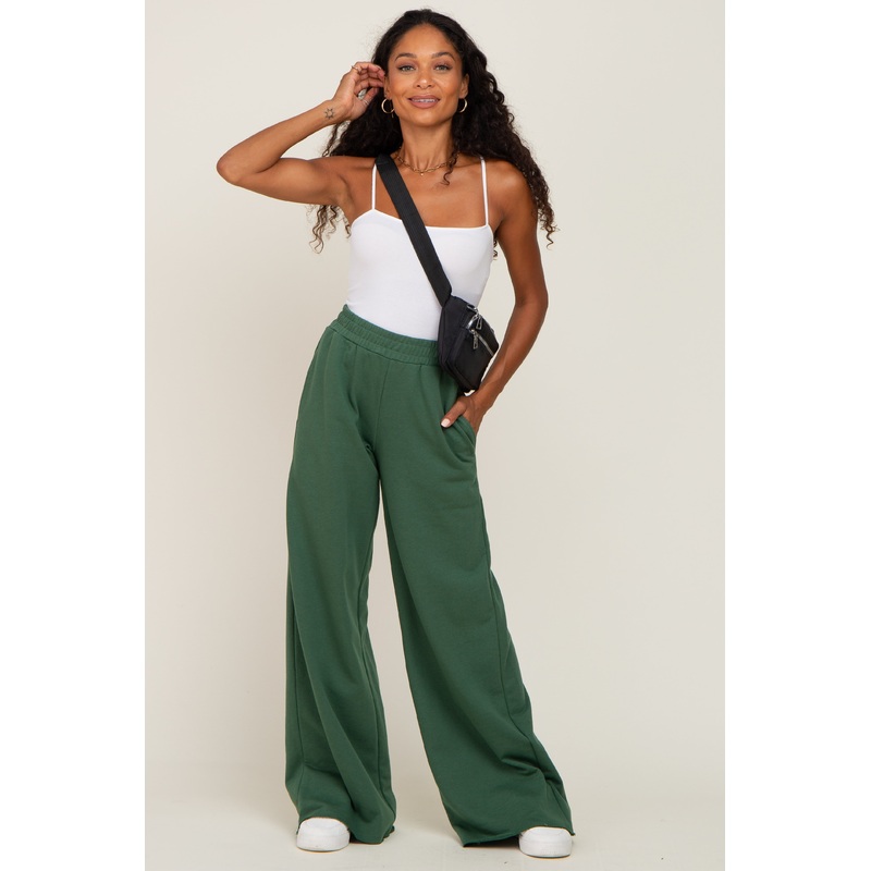 Forest Green Wide Leg Fray Hem Sweatpants