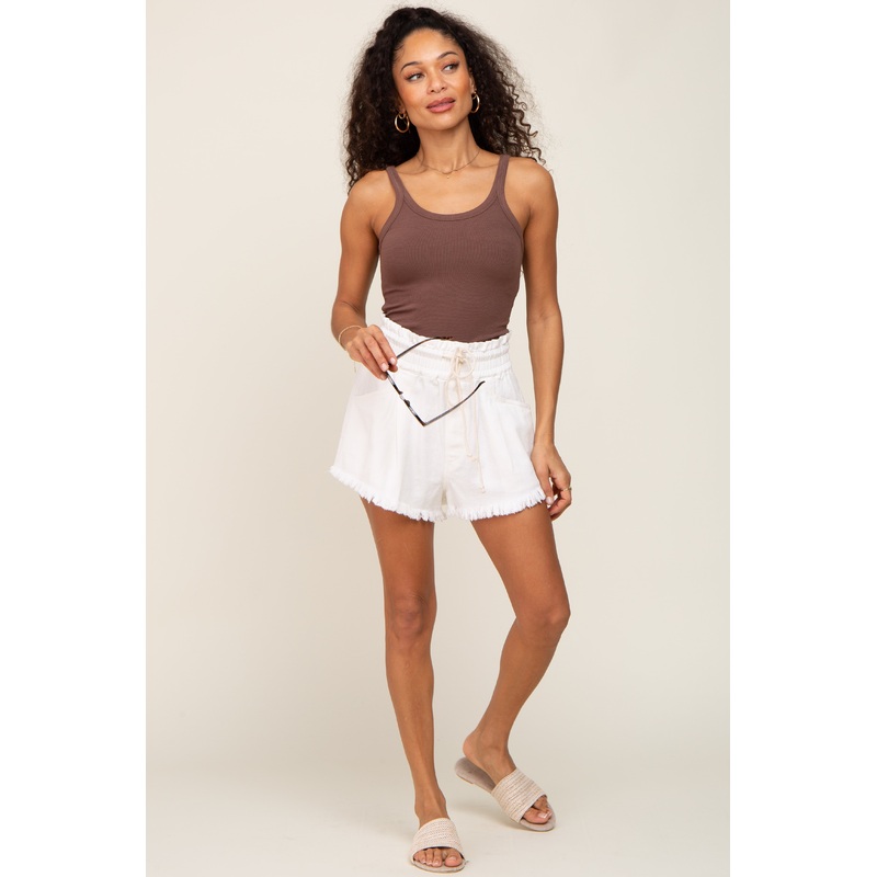 Ivory Drawstring Frayed Hem Shorts