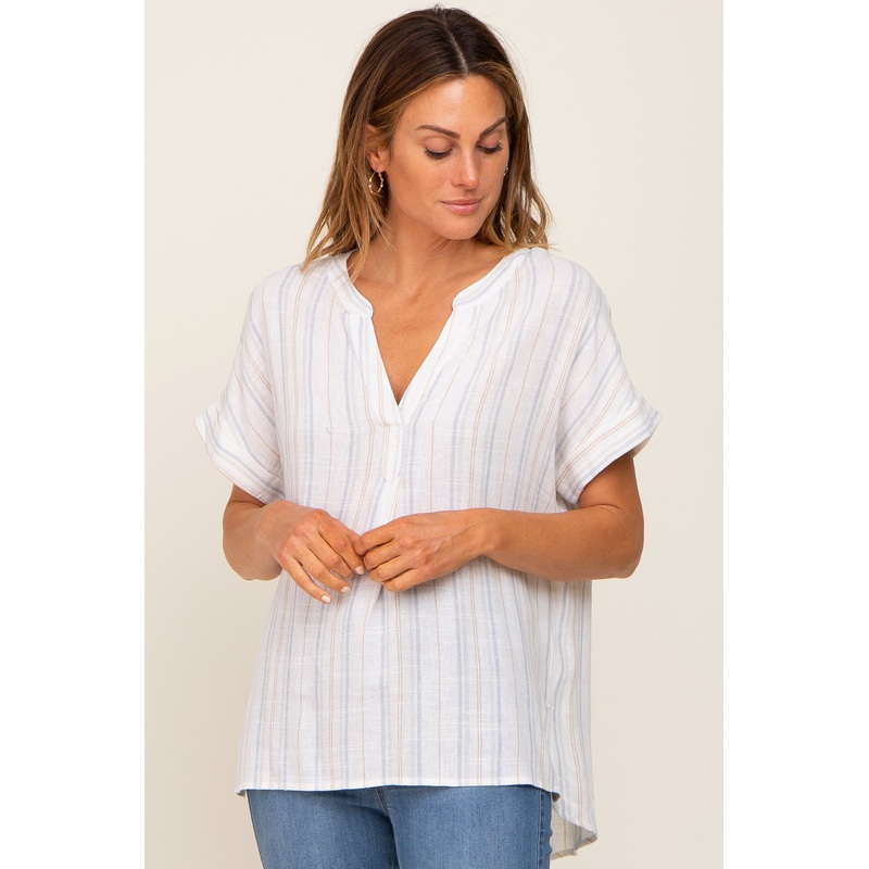 White Striped Linen Split V-Neck Top