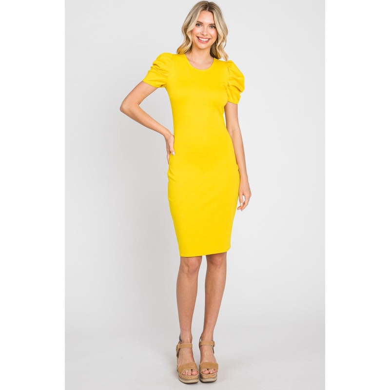 Yellow Solid Puff Sleeve Dress