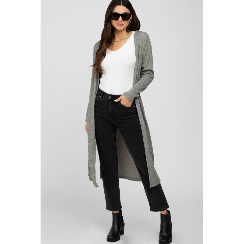 Beige Heathered Ribbed Side Slit Long Cardigan