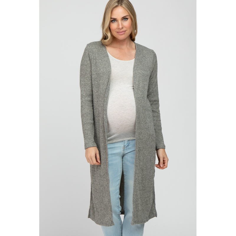 Beige Heathered Ribbed Side Slit Long Maternity Cardigan