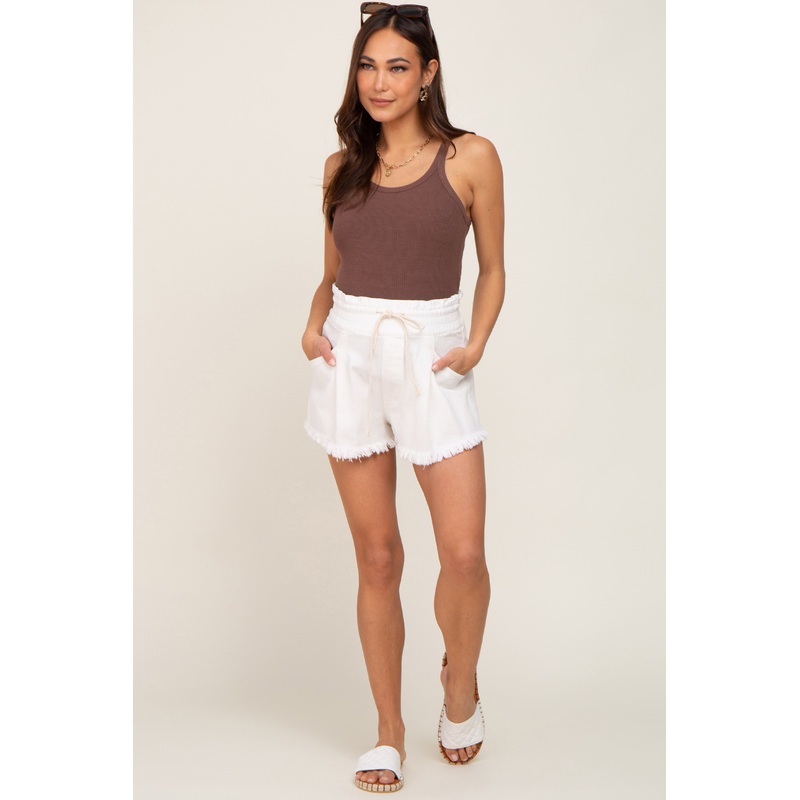 Ivory Drawstring Frayed Hem Maternity Shorts