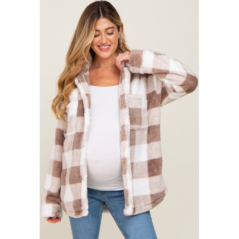 Mocha Plaid Fuzzy Maternity Shirt Jacket