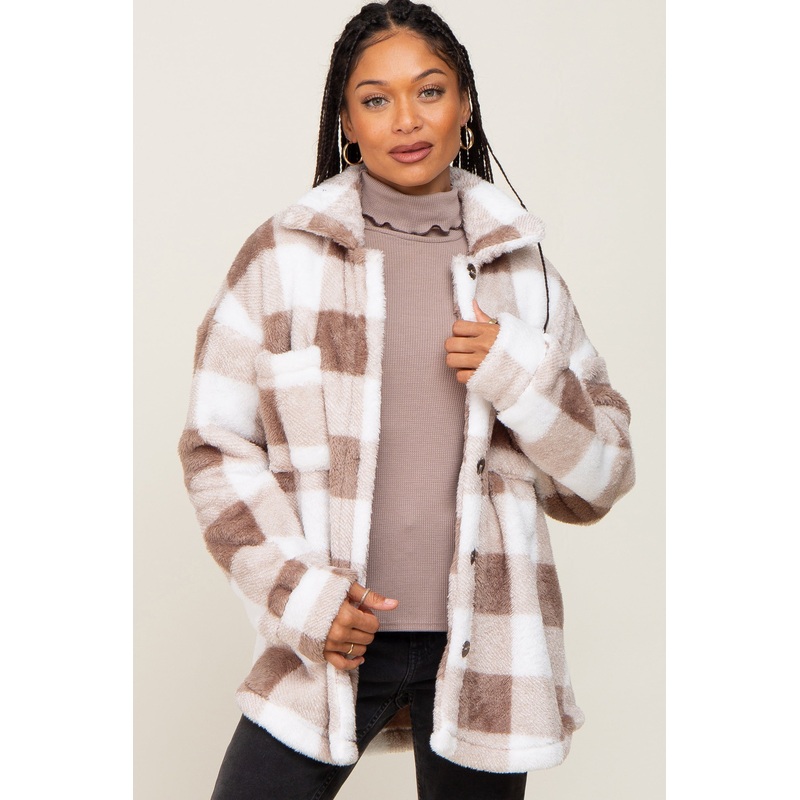 Mocha Plaid Fuzzy Shirt Jacket
