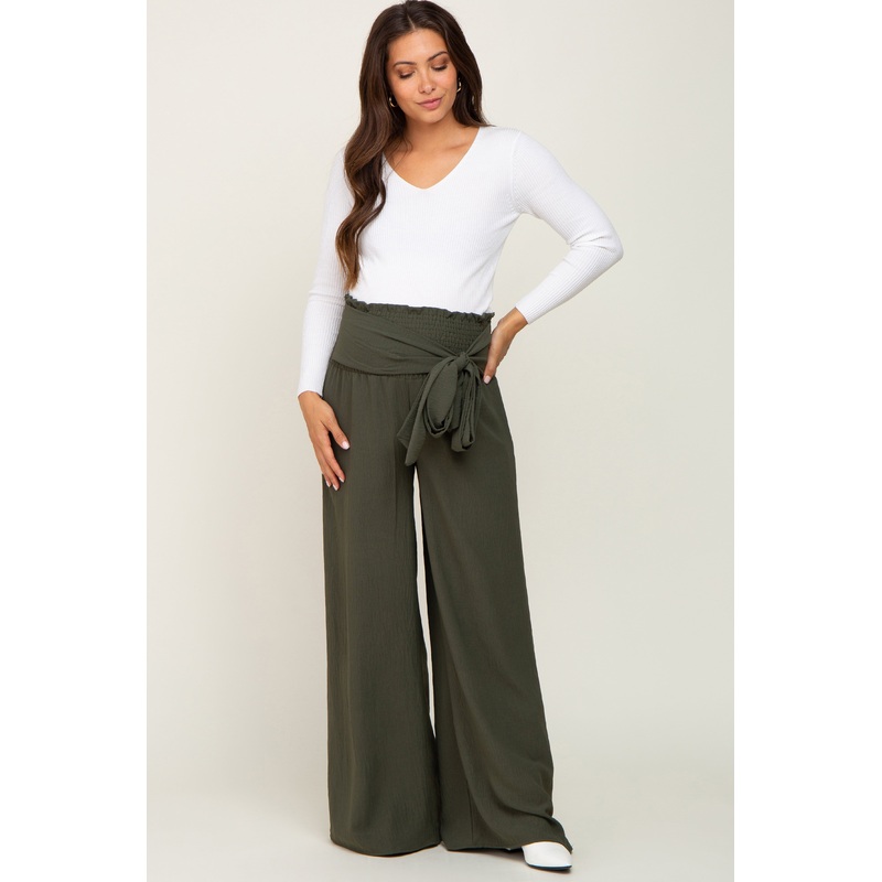 Olive Smocked Front Tie Maternity Pants