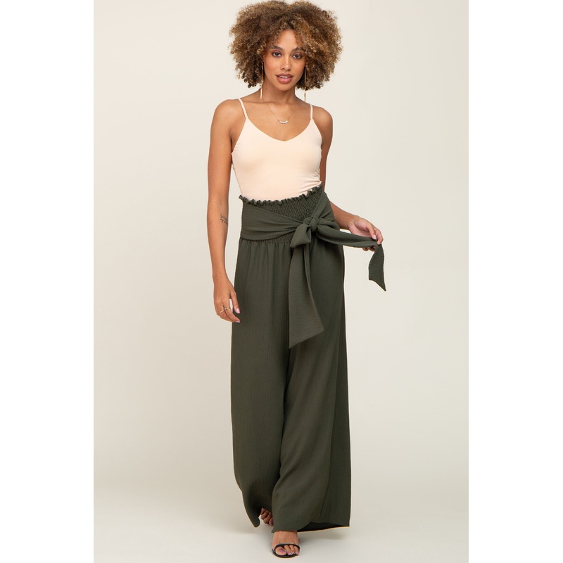 Olive Smocked Front Tie Pants